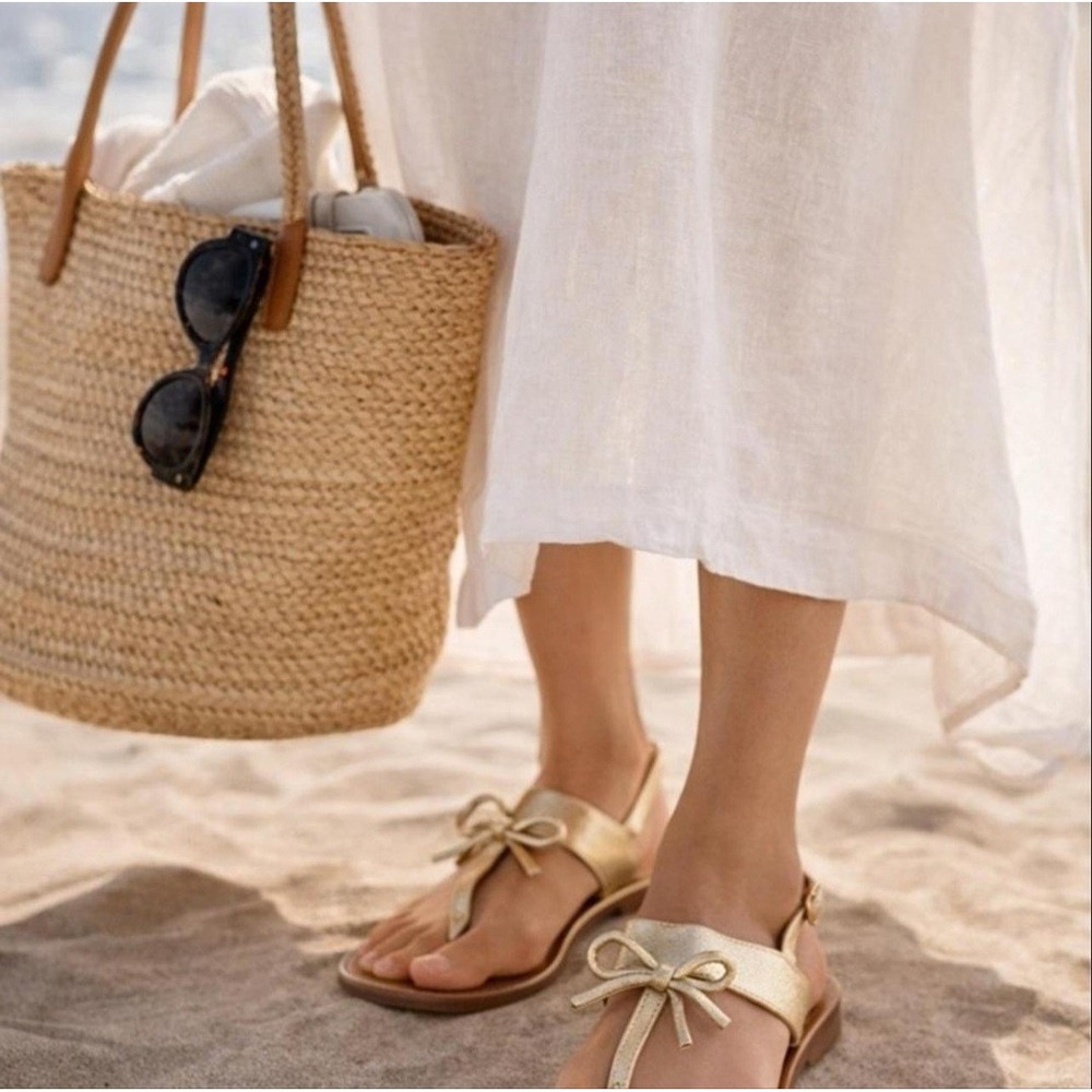 Kate Spade New York Carolina Gold Metallic Leather Bow Slingback Thong Sandals 7